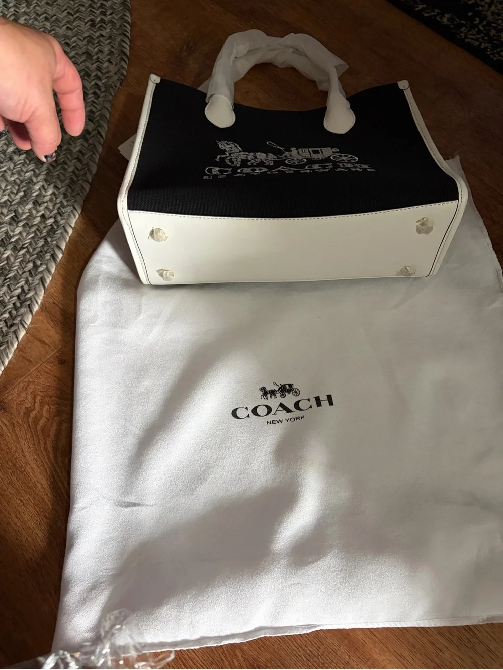 Coach Black and White Leather Logo Tote